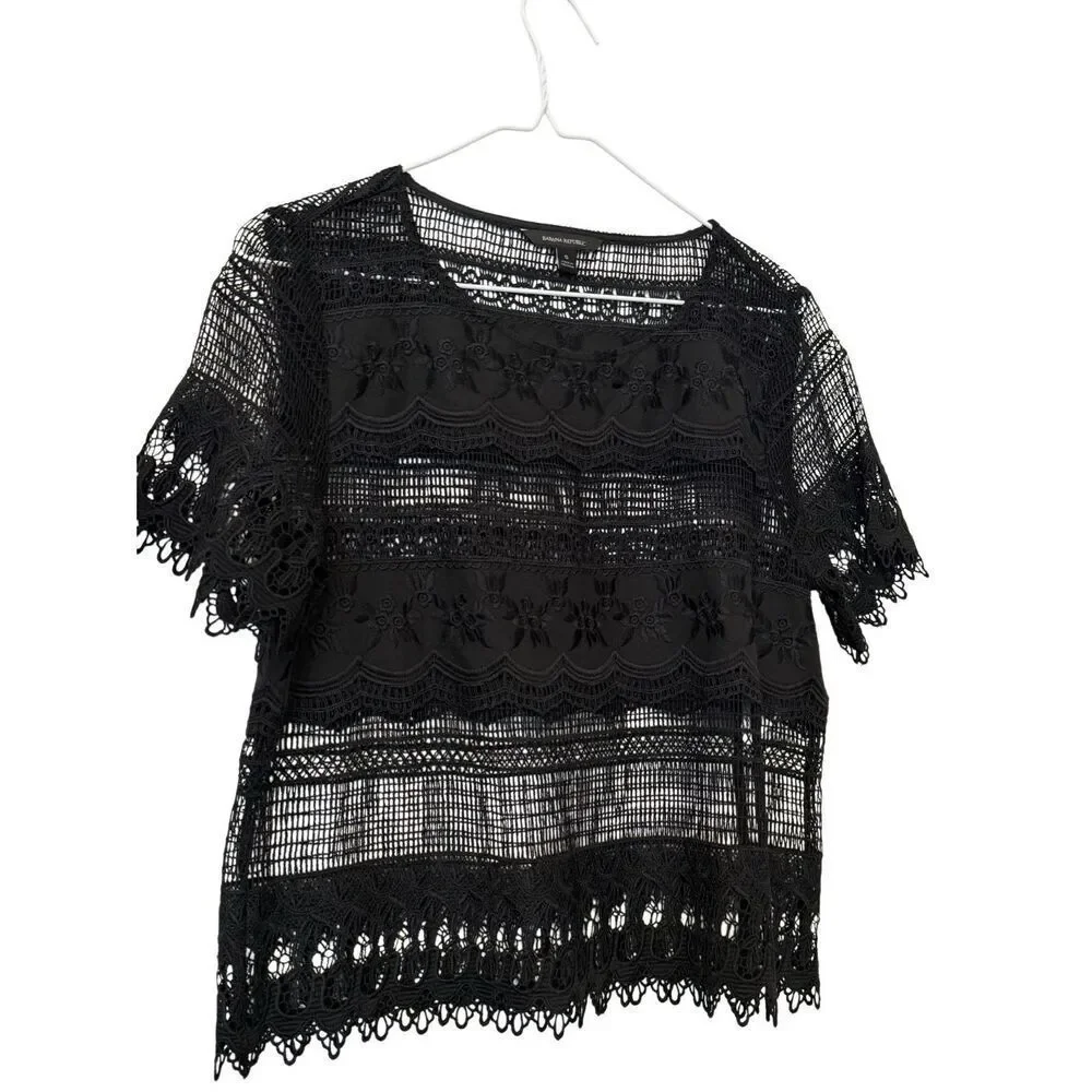 Banana Republic Crochet Lace Short Sleeve See Through Crop Top Black Small
